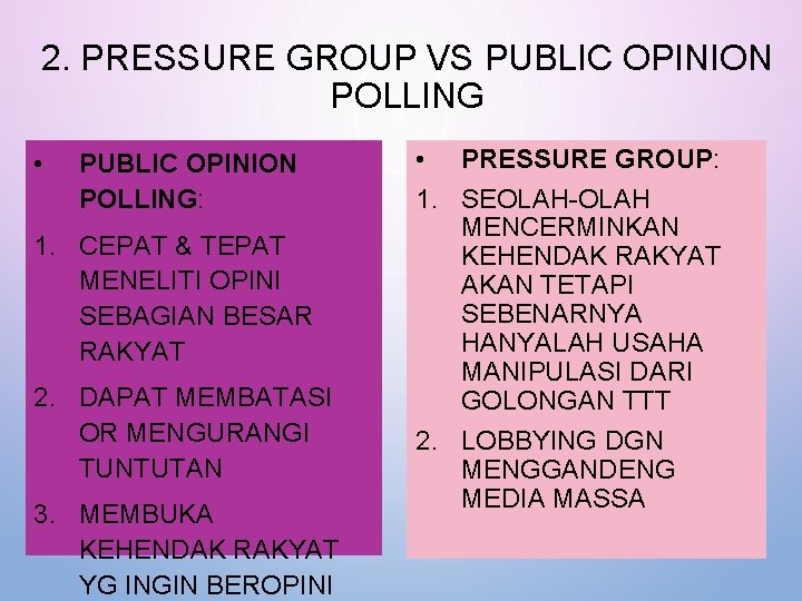 2. PRESSURE GROUP VS PUBLIC OPINION POLLING • PUBLIC OPINION POLLING: 1. CEPAT &