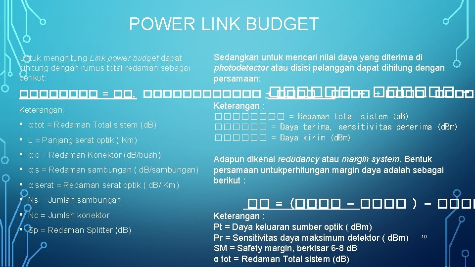 POWER LINK BUDGET Untuk menghitung Link power budget dapat dihitung dengan rumus total redaman