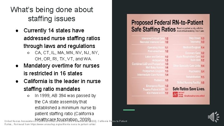 What’s being done about staffing issues ● Currently 14 states have addressed nurse staffing