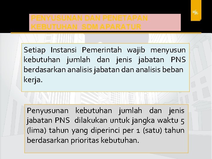 PENYUSUNAN DAN PENETAPAN KEBUTUHAN SDM APARATUR Setiap Instansi Pemerintah wajib menyusun kebutuhan jumlah dan