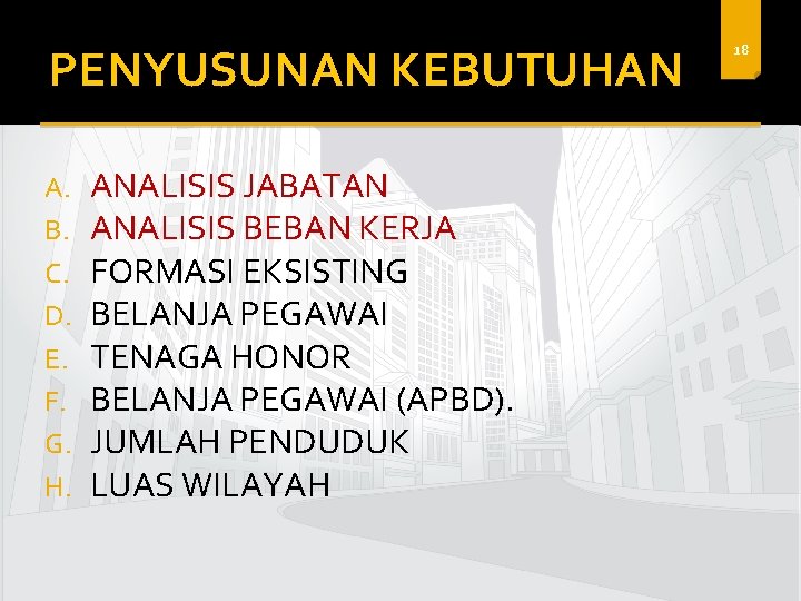 PENYUSUNAN KEBUTUHAN A. B. C. D. E. F. G. H. ANALISIS JABATAN ANALISIS BEBAN