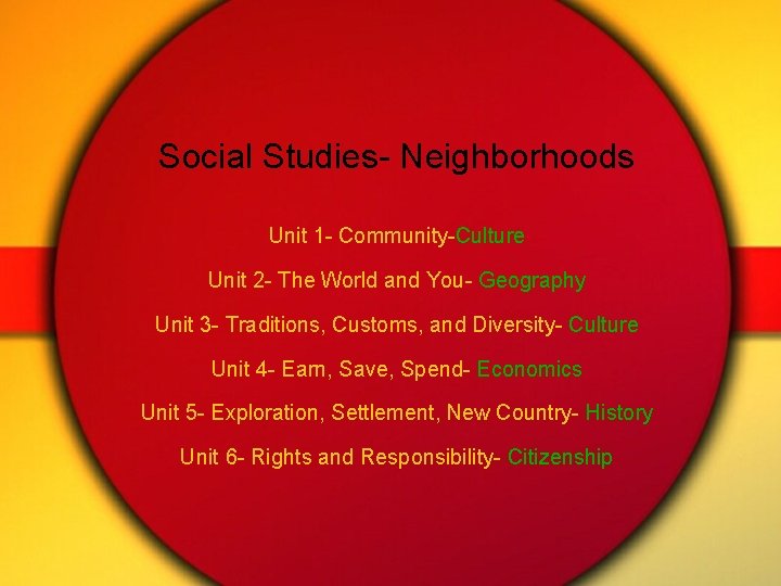 Social Studies- Neighborhoods Unit 1 - Community-Culture Unit 2 - The World and You-