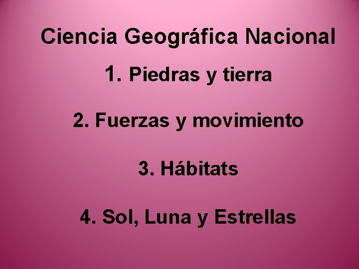 Ciencia Geográfica Nacional 1. Piedras y tierra 2. Fuerzas y movimiento 3. Hábitats 4.