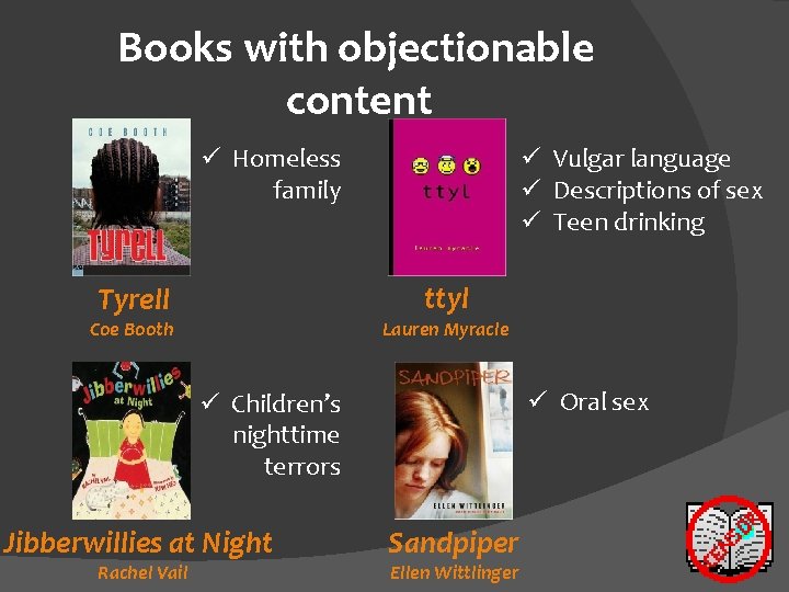 Books with objectionable content ü Homeless family ü Vulgar language ü Descriptions of sex