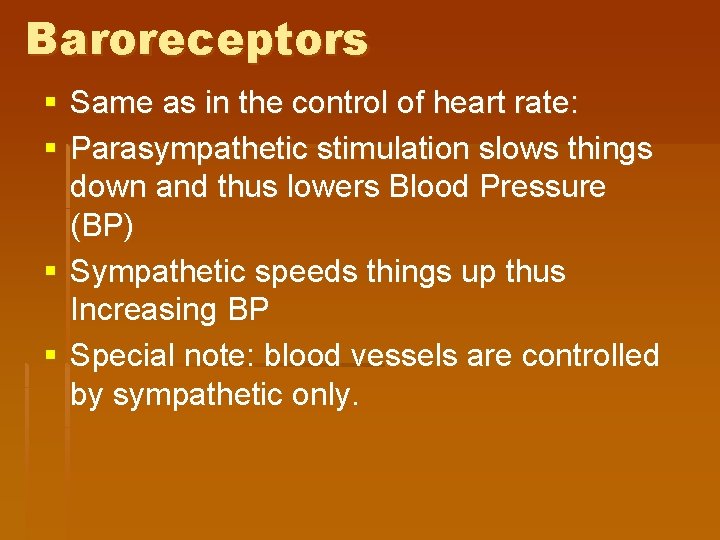 Baroreceptors § Same as in the control of heart rate: § Parasympathetic stimulation slows