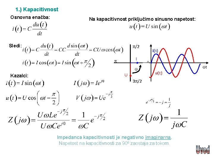 1. ) Kapacitivnost Osnovna enačba: Na kapacitivnost priključimo sinusno napetost: Sledi: /2 I Kazalci: