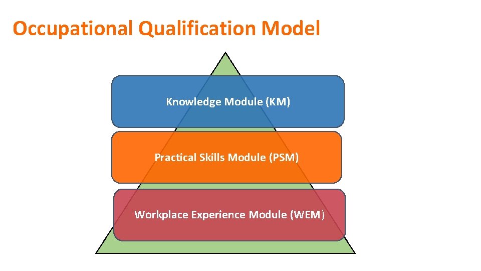 Occupational Qualification Model Knowledge Module (KM) Practical Skills Module (PSM) Workplace Experience Module (WEM)