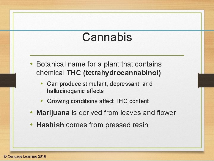 Cannabis • Botanical name for a plant that contains chemical THC (tetrahydrocannabinol) • Can