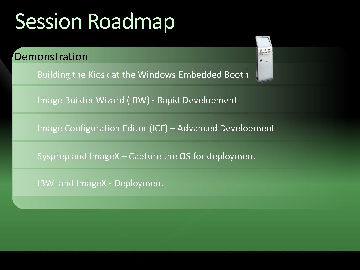 Session Roadmap Demonstration Building the Kiosk at the Windows Embedded Booth Image Builder Wizard