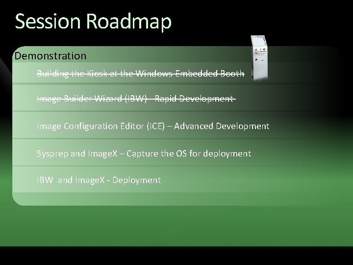 Session Roadmap Demonstration Building the Kiosk at the Windows Embedded Booth Image Builder Wizard