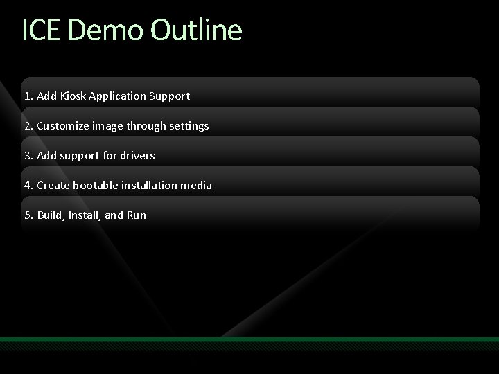 ICE Demo Outline 1. Add Kiosk Application Support 2. Customize image through settings 3.