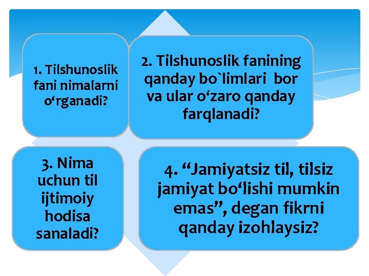 1. Tilshunoslik fani nimalarni o‘rganadi? 3. Nima uchun til ijtimoiy hodisa sanaladi? 2. Tilshunoslik