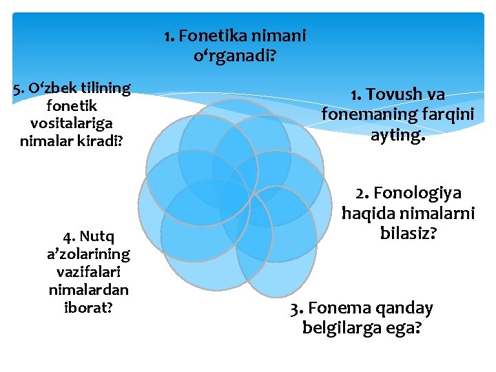 1. Fonetika nimani o‘rganadi? 5. O‘zbek tilining fonetik vositalariga nimalar kiradi? 4. Nutq a’zolarining