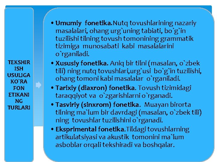 TEKSHIR ISH USULIGA KO`RA FON ETIKANI NG TURLARI • Umumiy fonetika. Nutq tovushlarining nazariy