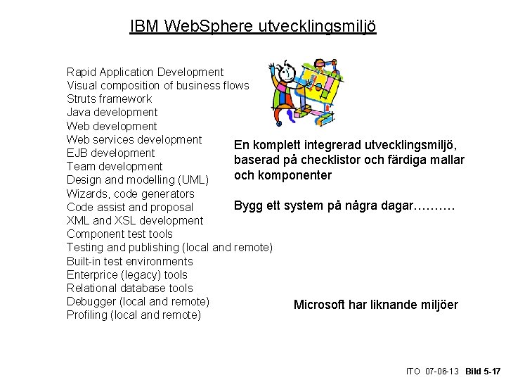 IBM Web. Sphere utvecklingsmiljö Rapid Application Development Visual composition of business flows Struts framework