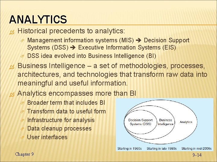 ANALYTICS Historical precedents to analytics: Management information systems (MIS) Decision Support Systems (DSS) Executive