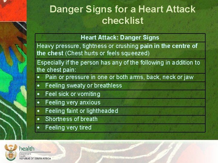 Danger Signs for a Heart Attack checklist Heart Attack: Danger Signs Heavy pressure, tightness