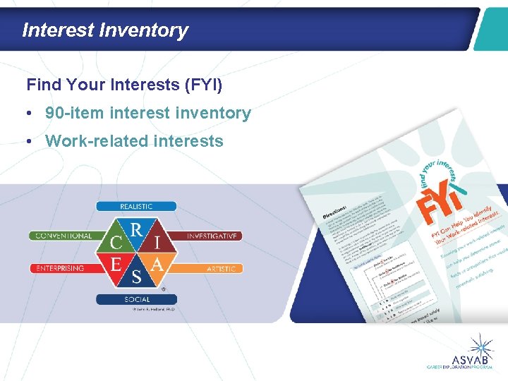 Interest Inventory Find Your Interests (FYI) • 90 -item interest inventory • Work-related interests