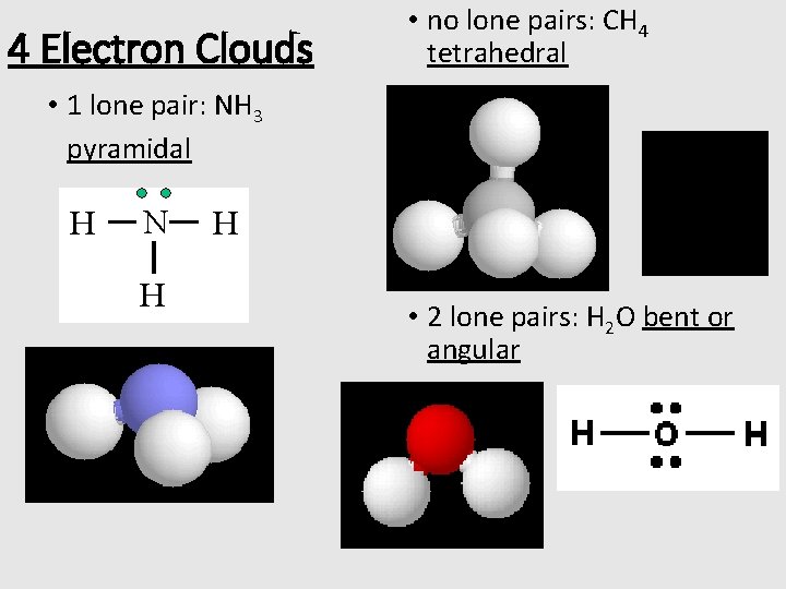 4 Electron Clouds • no lone pairs: CH 4 tetrahedral • 1 lone pair: