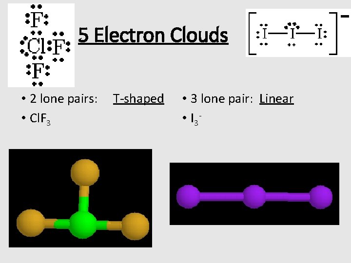 5 Electron Clouds • 2 lone pairs: • Cl. F 3 T-shaped • 3