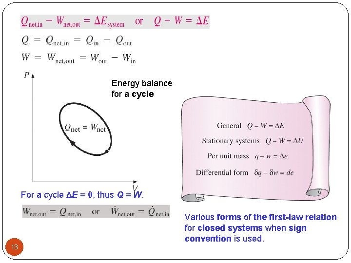 Energy balance for a cycle For a cycle E = 0, thus Q =