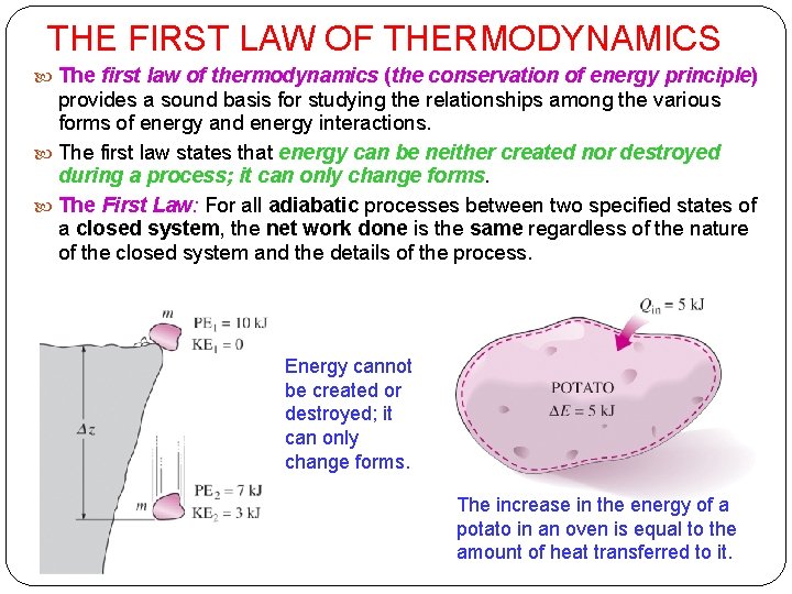 THE FIRST LAW OF THERMODYNAMICS The first law of thermodynamics (the conservation of energy