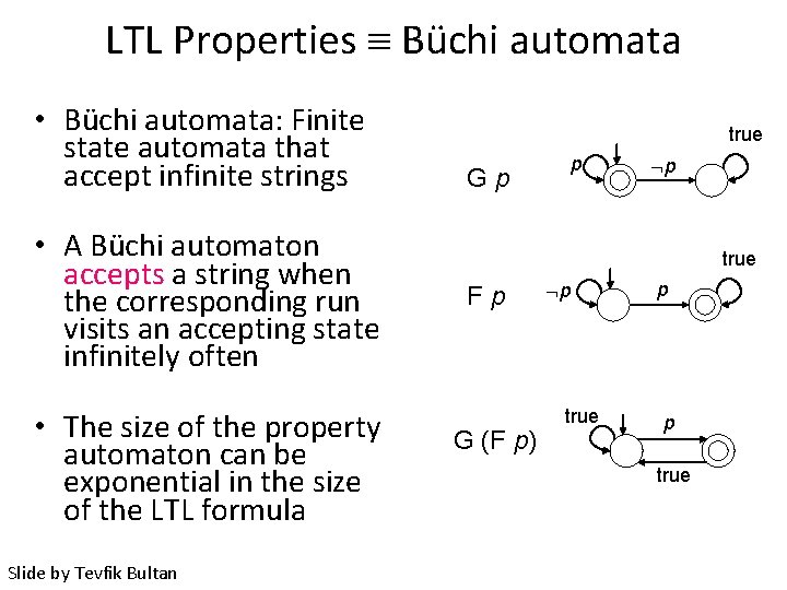 LTL Properties Büchi automata • Büchi automata: Finite state automata that accept infinite strings