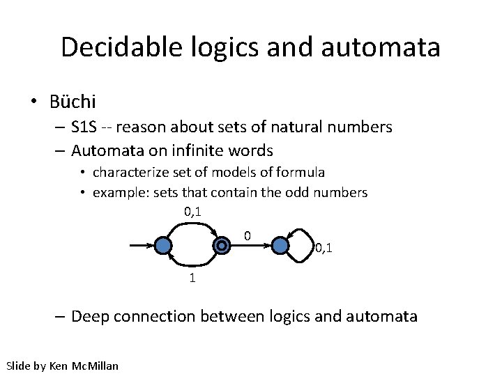 Decidable logics and automata • Büchi – S 1 S -- reason about sets