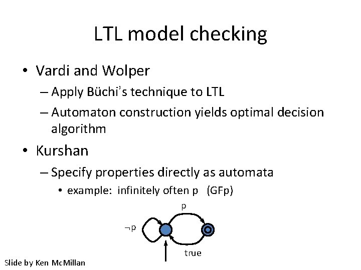 LTL model checking • Vardi and Wolper – Apply Büchi’s technique to LTL –