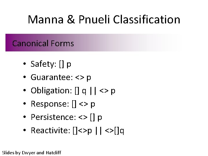 Manna & Pnueli Classification Canonical Forms • • • Safety: [] p Guarantee: <>