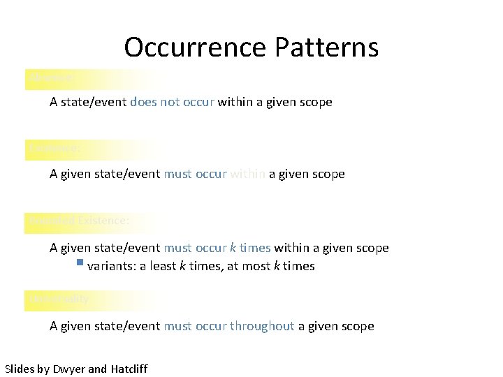 Occurrence Patterns Absence: A state/event does not occur within a given scope Existence: A