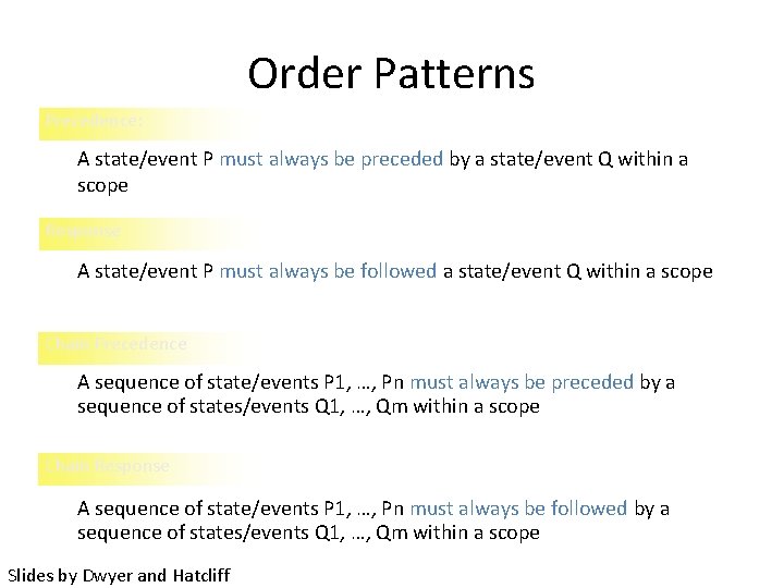 Order Patterns Precedence: A state/event P must always be preceded by a state/event Q
