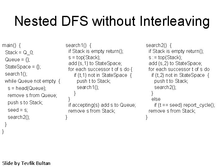 Nested DFS without Interleaving main() { Stack = Q_0; Queue = {}; State. Space