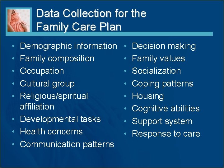 Data Collection for the Family Care Plan • • • Demographic information Family composition Data Collection for the Family Care Plan • • • Demographic information Family composition