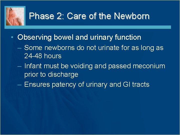 Phase 2: Care of the Newborn • Observing bowel and urinary function – Some