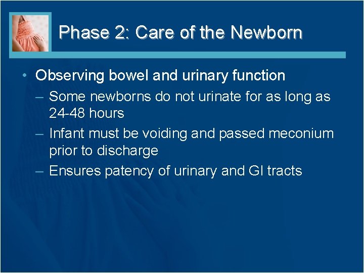 Phase 2: Care of the Newborn • Observing bowel and urinary function – Some Phase 2: Care of the Newborn • Observing bowel and urinary function – Some