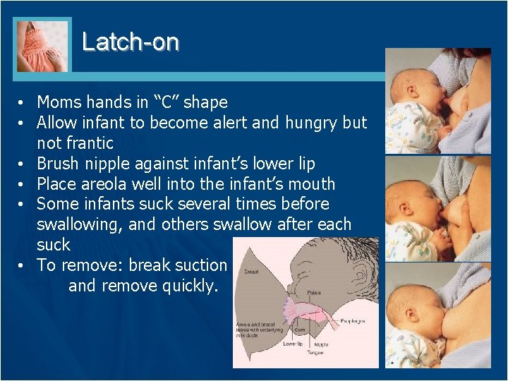 Latch-on • Moms hands in “C” shape • Allow infant to become alert and