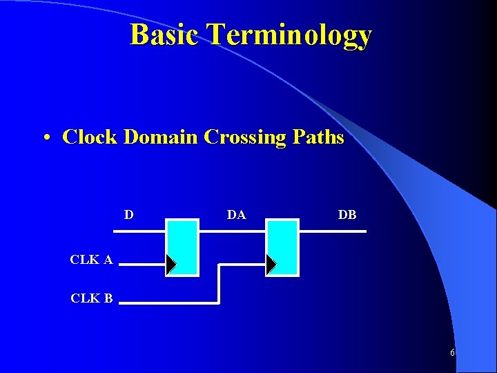 Basic Terminology • Clock Domain Crossing Paths D DA DB CLK A CLK B