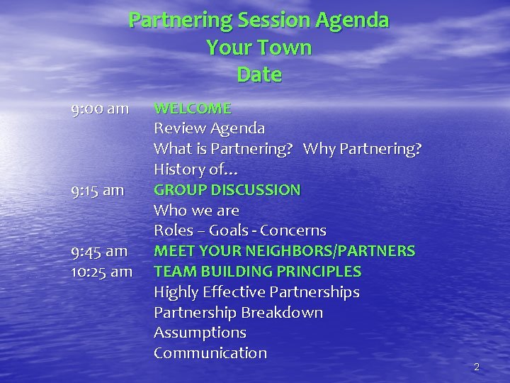 Partnering Session Agenda Your Town Date 9: 00 am 9: 15 am 9: 45