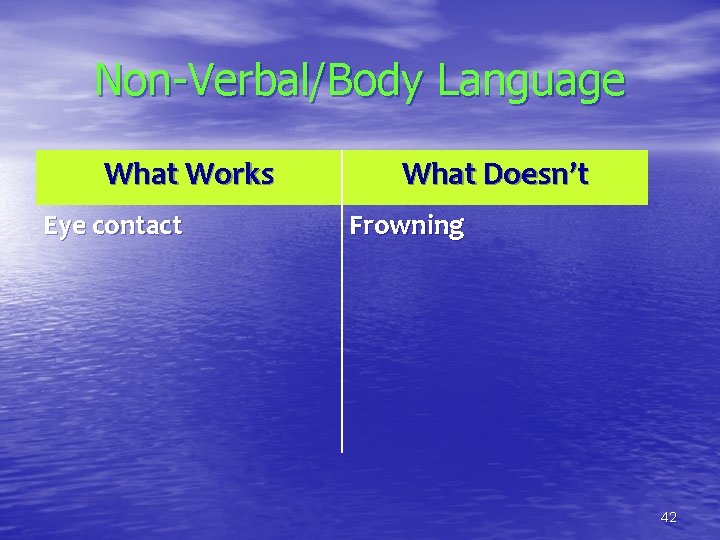 Non-Verbal/Body Language What Works Eye contact What Doesn’t Frowning 42 