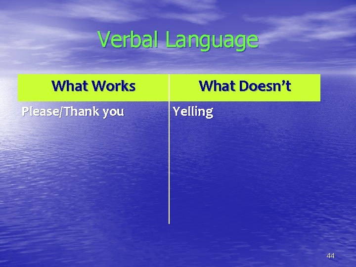 Verbal Language What Works Please/Thank you What Doesn’t Yelling 44 