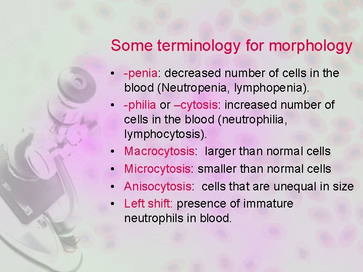 Some terminology for morphology • -penia: decreased number of cells in the blood (Neutropenia,