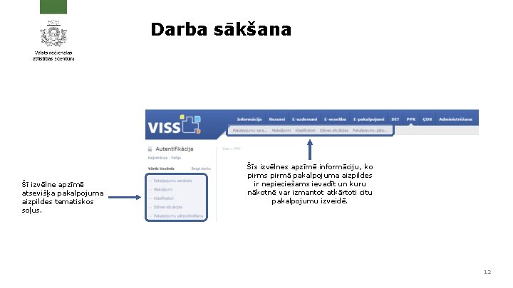 Darba sākšana Šī izvēlne apzīmē atsevišķa pakalpojuma aizpildes tematiskos soļus. Šīs izvēlnes apzīmē informāciju,