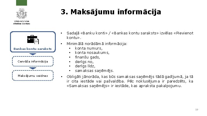 3. Maksājumu informācija • Sadaļā «Banku konti» / «Bankas kontu saraksts» izvēlas «Pievienot kontu»