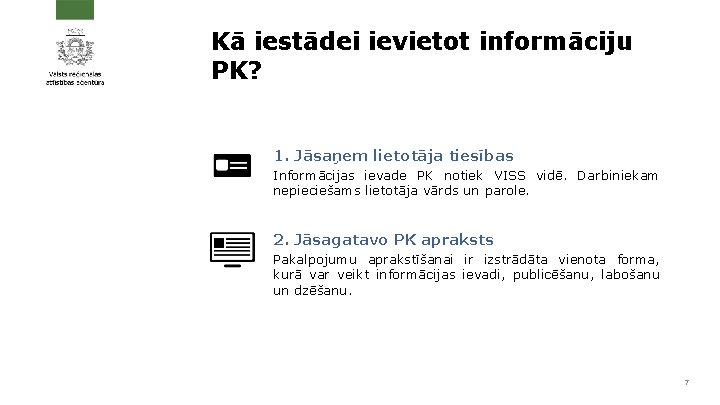 Kā iestādei ievietot informāciju PK? 1. Jāsaņem lietotāja tiesības Informācijas ievade PK notiek VISS