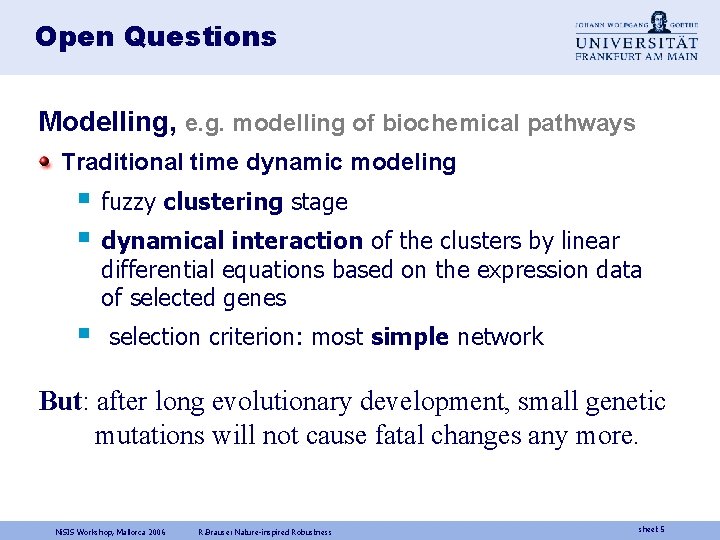 Open Questions Modelling, e. g. modelling of biochemical pathways Traditional time dynamic modeling §