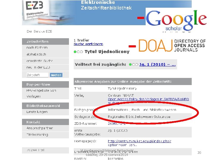VI Konferencja Biblioteki Politechniki Łódzkiej, 23 -25 czerwca 2014 20 