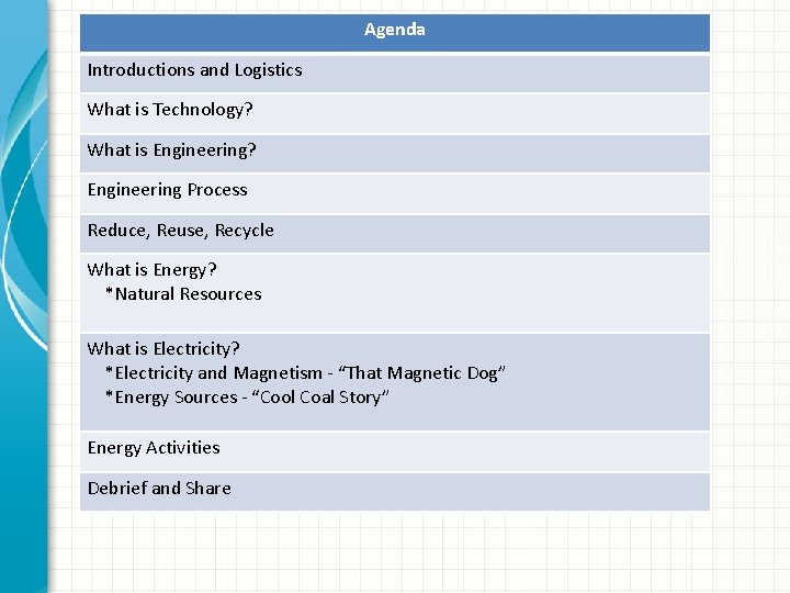 Agenda Introductions and Logistics What is Technology? What is Engineering? Engineering Process Reduce, Reuse,