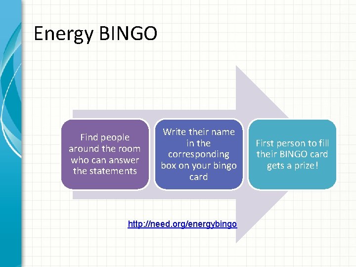 Energy BINGO Find people around the room who can answer the statements Write their