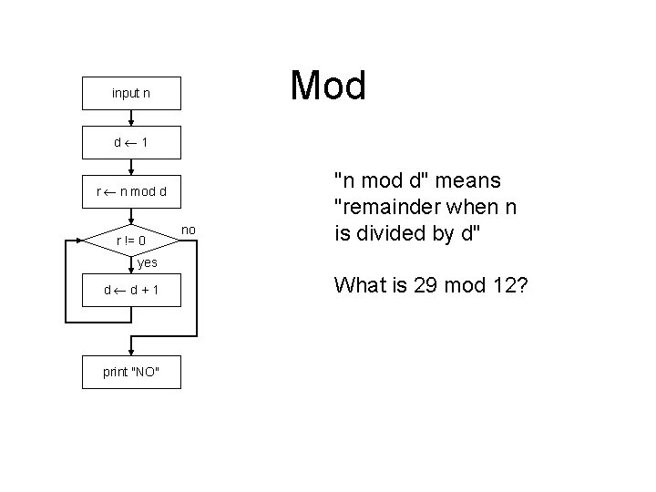 Mod input n d 1 r n mod d r != 0 no "n